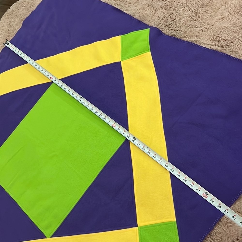 Mardi Gras geometric design yellow purple green felt blanket throw 51” square​​ - Picture 4 of 7